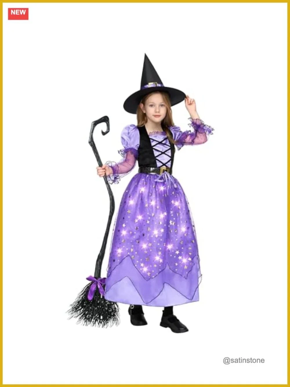 Girls Witch Costume with Light Up Starry Dress, Halloween Role Play Outfit,